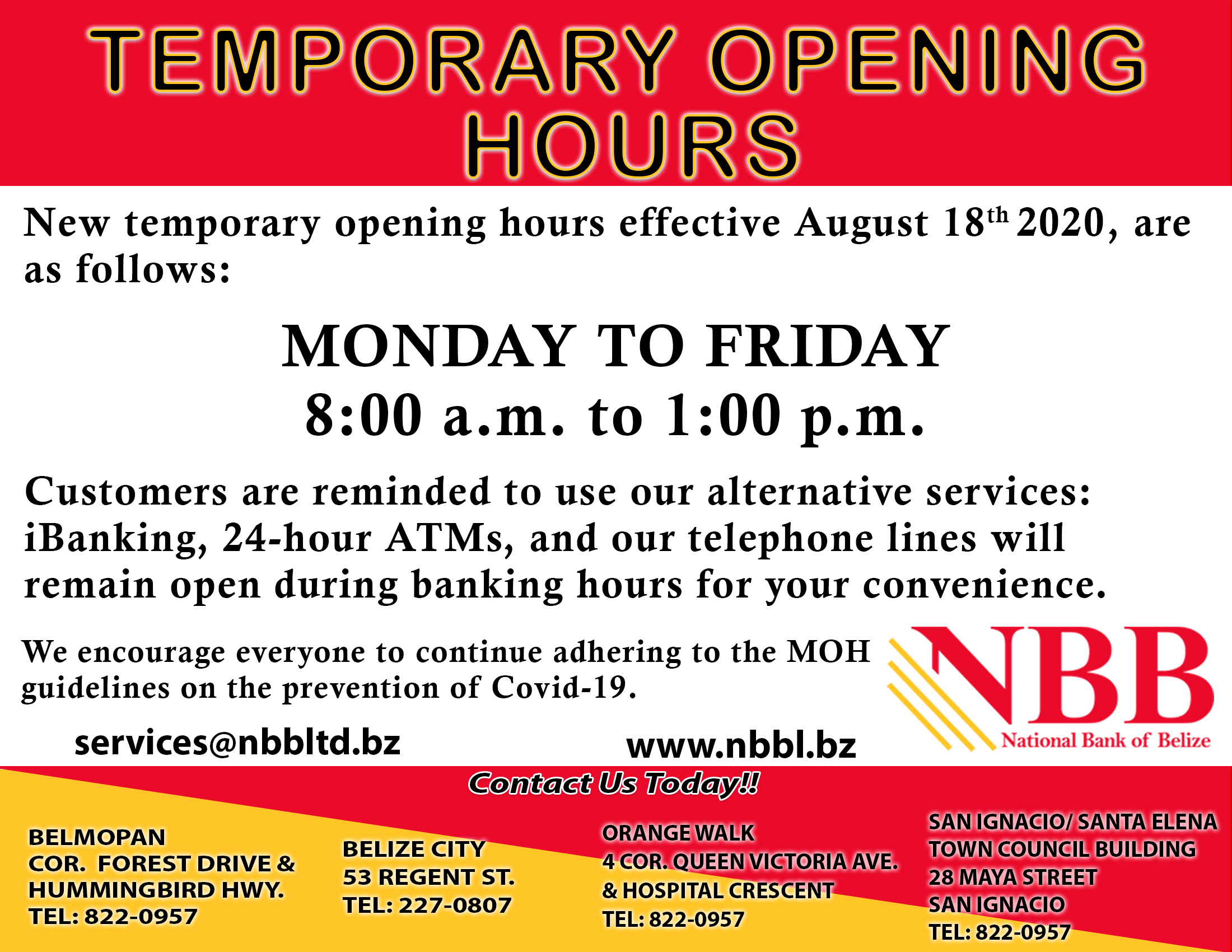 New Temporary Opening Hours National Bank Of Belize