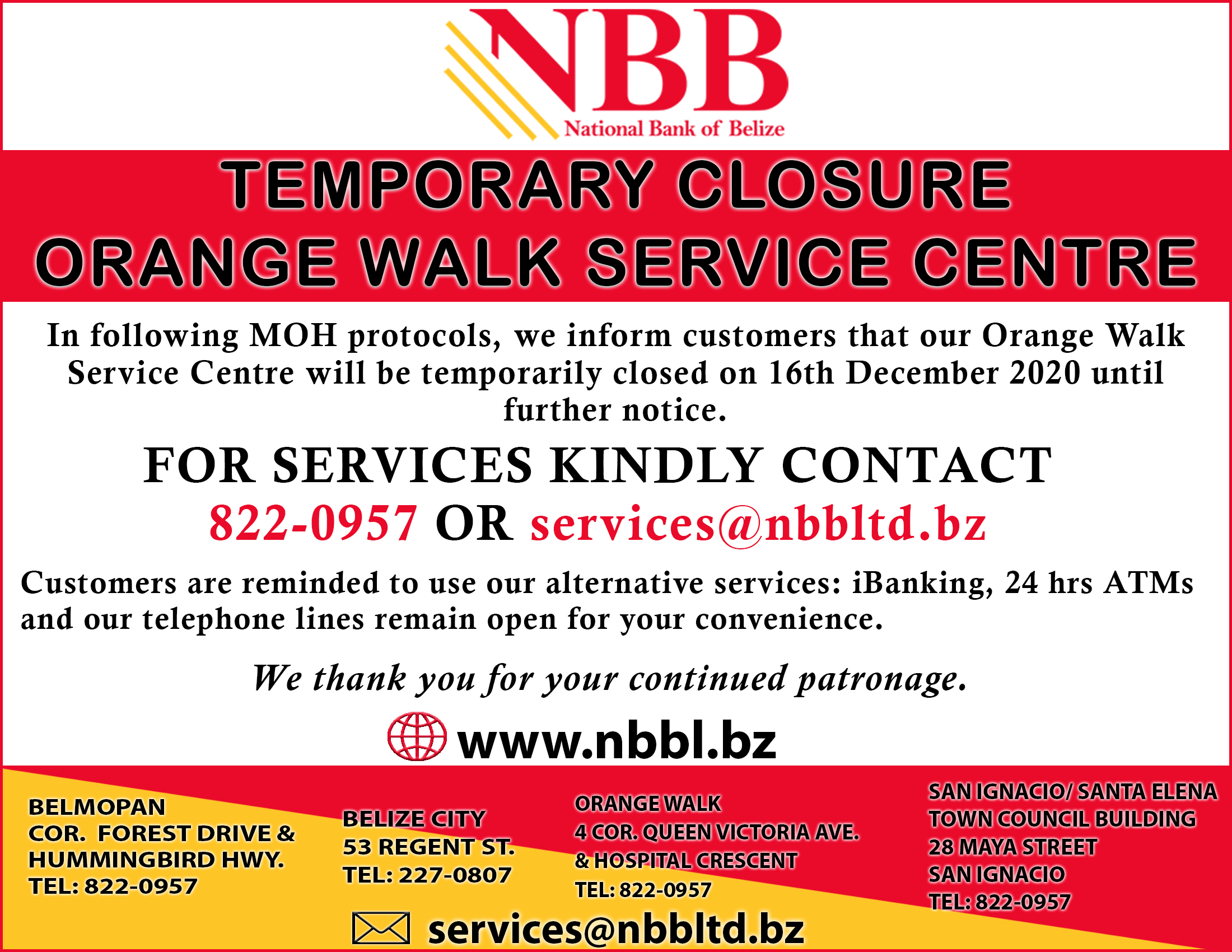 Orange Walk Service Centre Temporary Closure